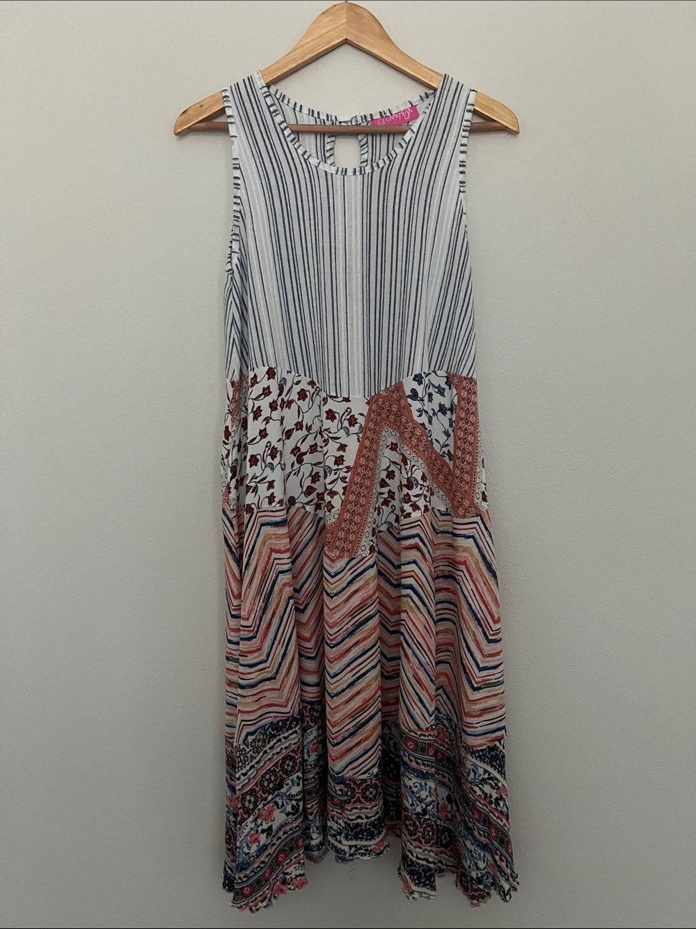Boho Mixed Print Sleeveless Midi Dress | Patchwork Stripe Floral | Size S/M